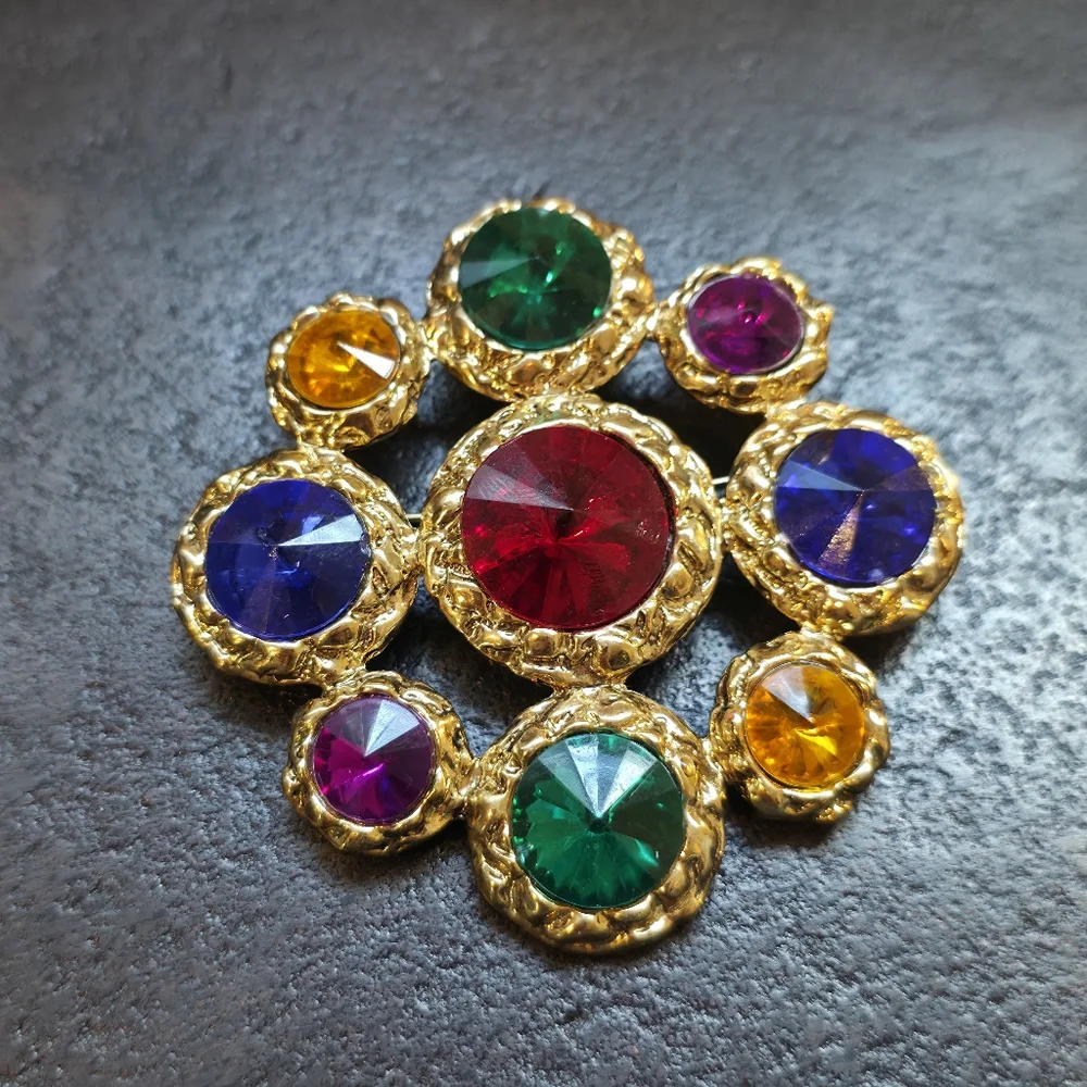 Vintage 1980s Large "Fruit Salad" Statement Brooch - Gold Tone & Multi-Color - Picture 2 of 4